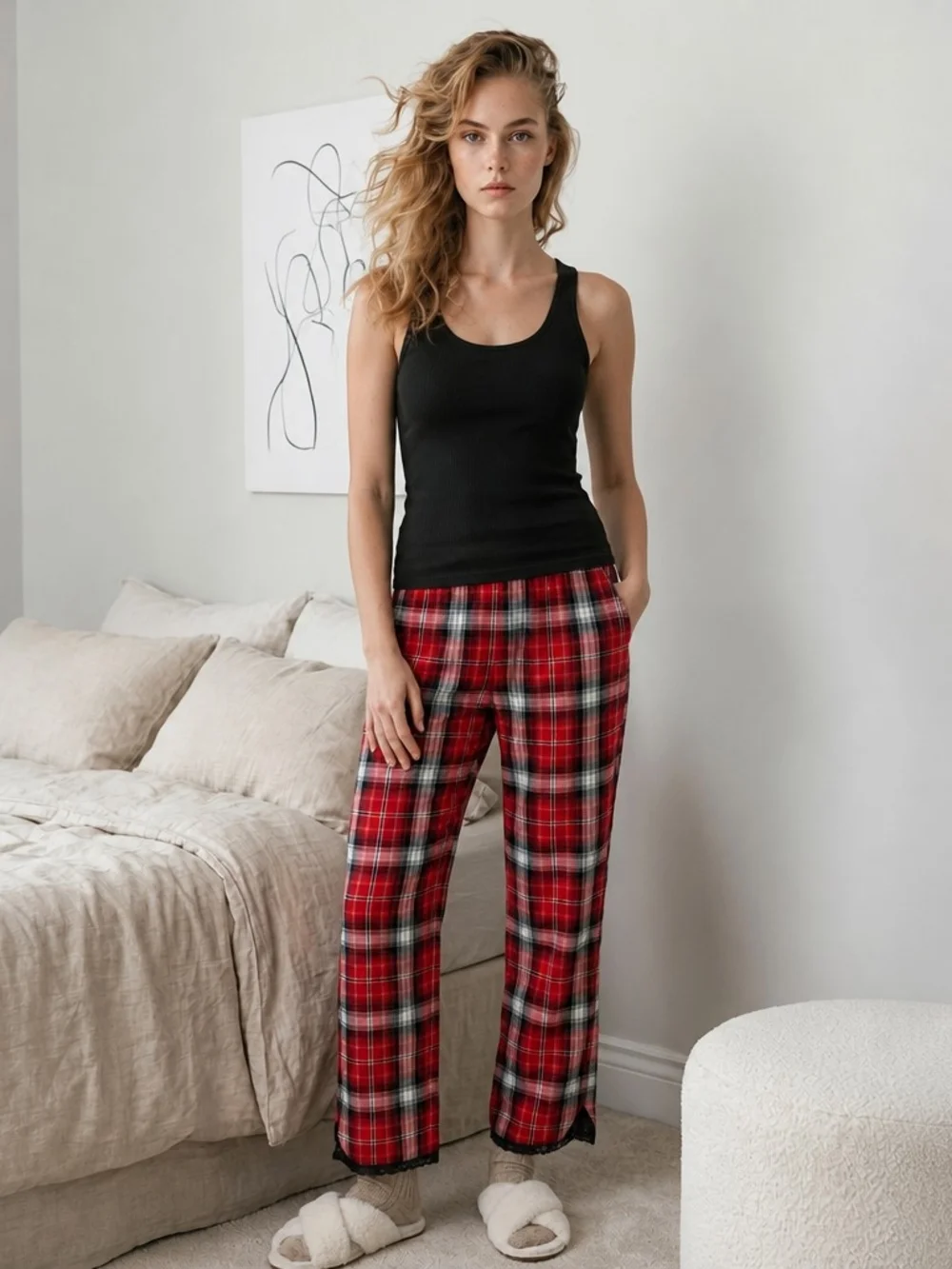 NWT Victoria's Secret Black, Pink & Red Plaid Pajama Sleep Pant Sz M